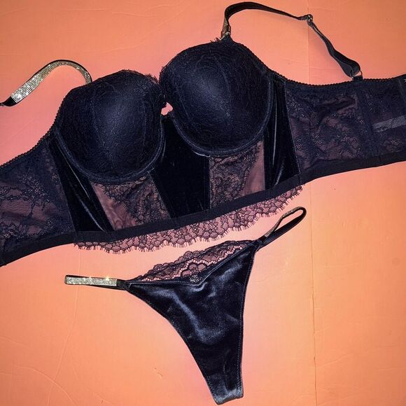 Victoria's Secret LONGLINE 34D,36D BRA SET CORSET+ROBE VELVET Velour NAVY BLUE - Picture 4 of 11